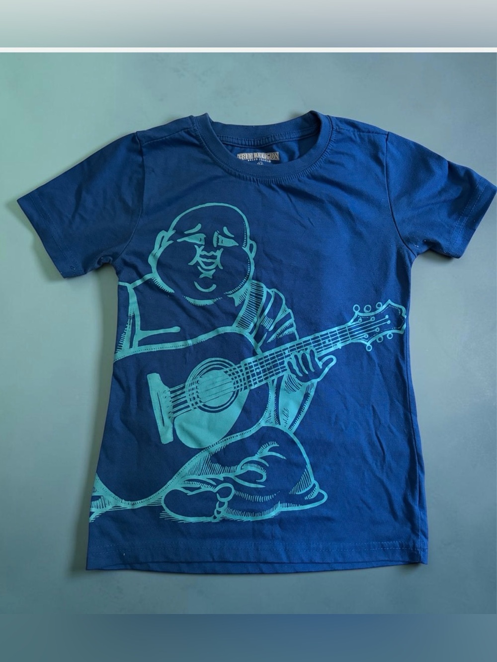 True Religion Navy Blue Tee with Teal Guitar Graphic